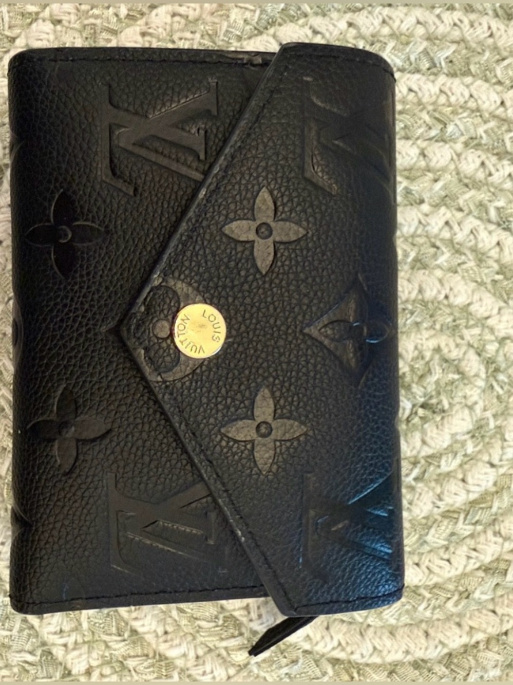 Black Embossed Monogram Envelope Wallet with Gold Snap